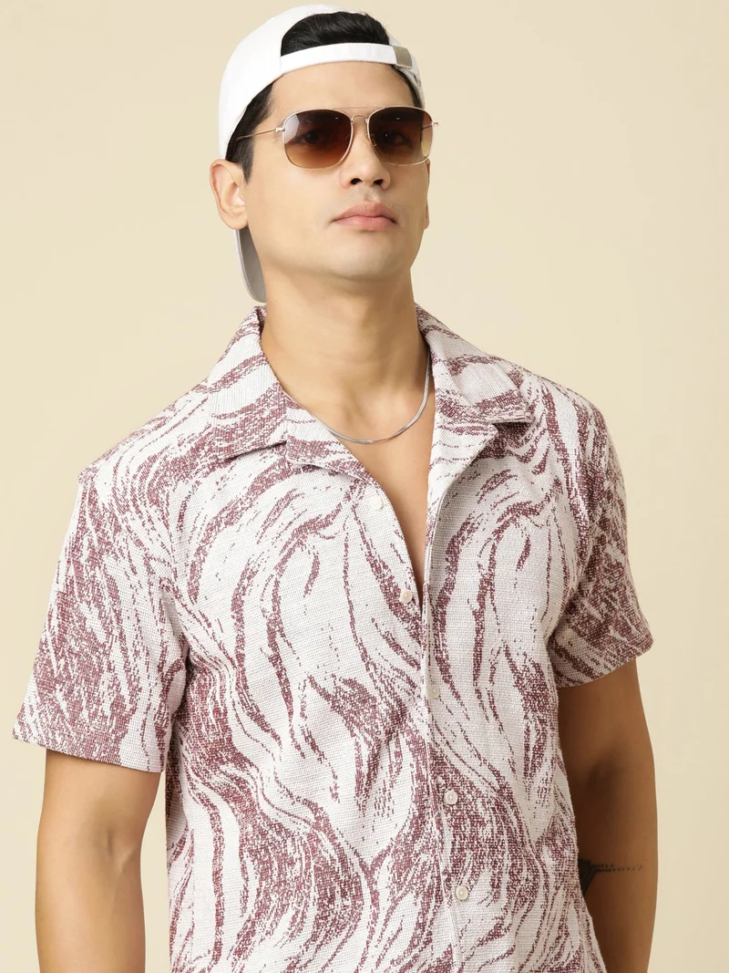 جوفن قميص رجالي مطبوع كاجوال أحمر واسع نصف كم